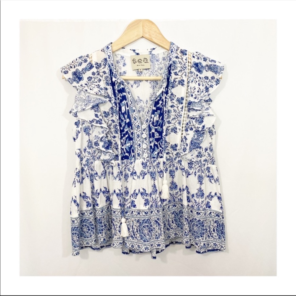 Sea New York Ruffle Crochet Tassel Blouse Top